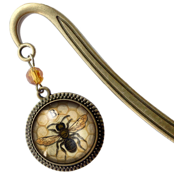 Honey Bee / Worker Bee Glass Cabochon Brass Book Hook / Bookmark