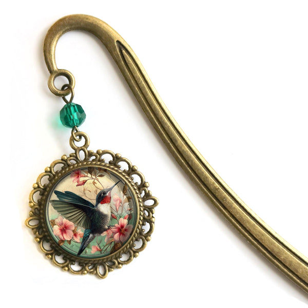 Art Nouveau Hummingbird Glass Cabochon Brass Book Hook / Bookmark