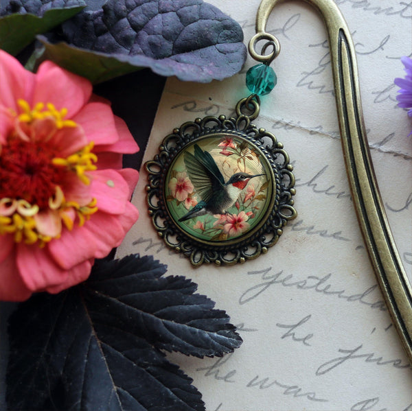 Art Nouveau Hummingbird Glass Cabochon Brass Book Hook / Bookmark