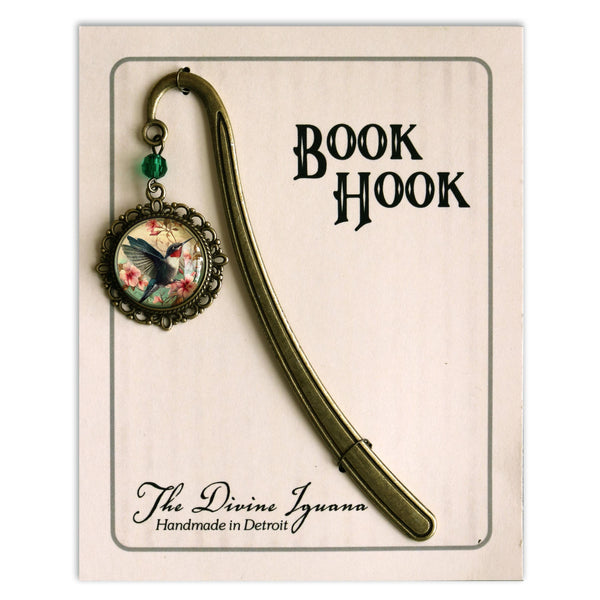 Art Nouveau Hummingbird Glass Cabochon Brass Book Hook / Bookmark