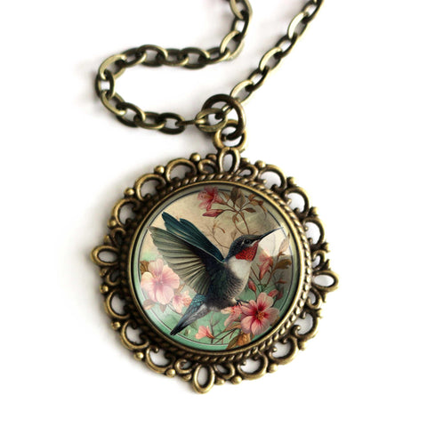 Art Nouveau Hummingbird Large Pendant Necklace in Ornate Frame