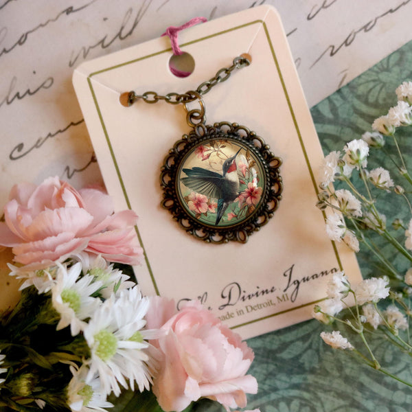 Art Nouveau Hummingbird Large Pendant Necklace in Ornate Frame