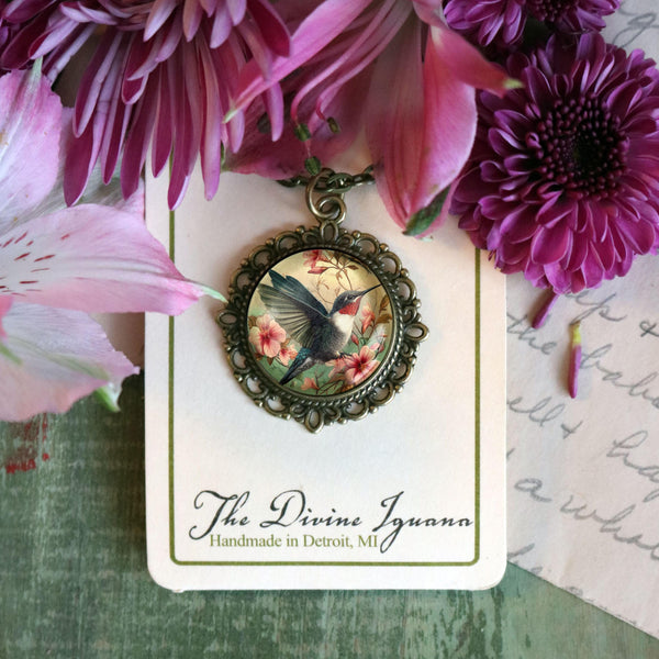 Art Nouveau Hummingbird Large Pendant Necklace in Ornate Frame