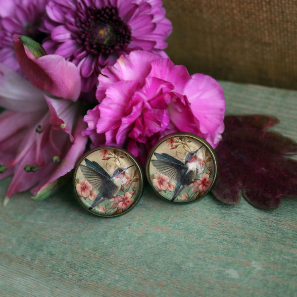 Art Nouveau Hummingbird Vintage Inspired Stud Earrings