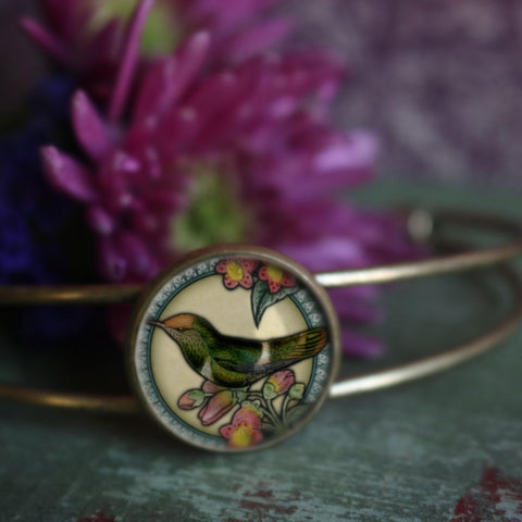 Hummingbird Cuff Bracelet with Glass Cabochon on Bronze