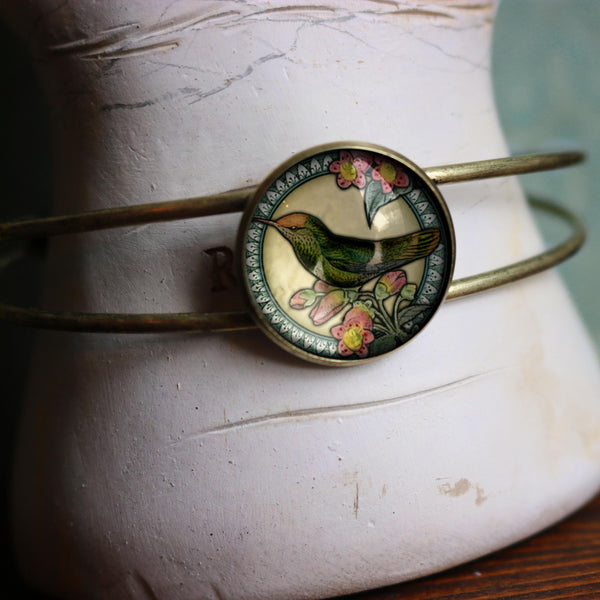 Hummingbird Cuff Bracelet with Glass Cabochon on Bronze