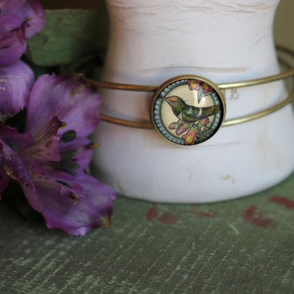 Hummingbird Cuff Bracelet with Glass Cabochon on Bronze