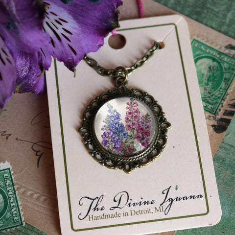 Larkspur or Delphinium Flowers Cottage Core Glass Cabochon and Bronze Pendant Necklace
