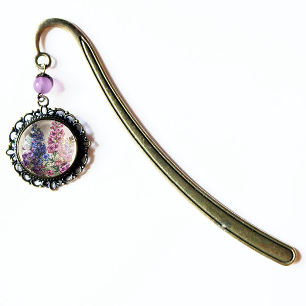 Larkspur or Delphinium Flower Glass Cabochon Brass Book Hook / Bookmark