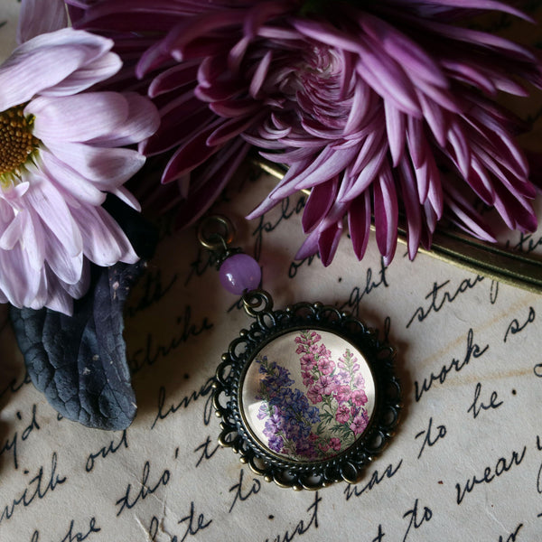 Larkspur or Delphinium Flower Glass Cabochon Brass Book Hook / Bookmark