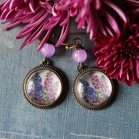 Larkspur or Delphinium Flower Vintage Inspired Cottage Core  Drop / Dangle Earrings