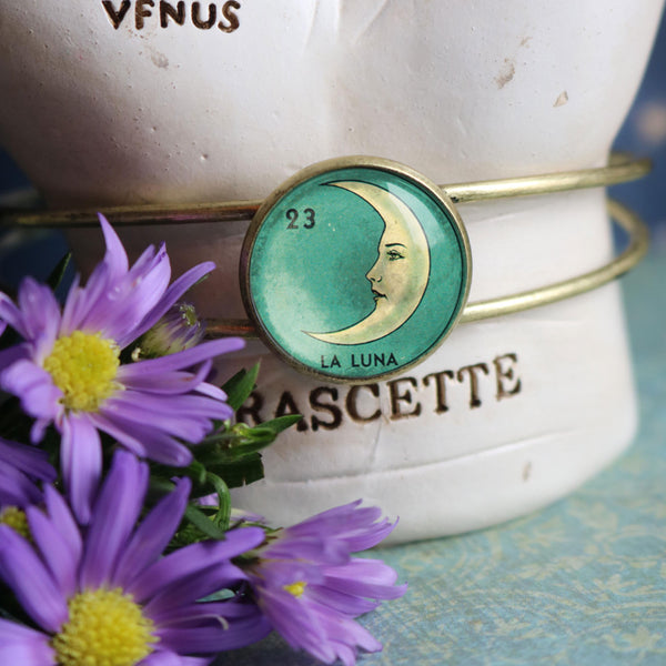 La Luna Loteria Crescent Moon Cuff / Bangle Bracelet in Antique Brass