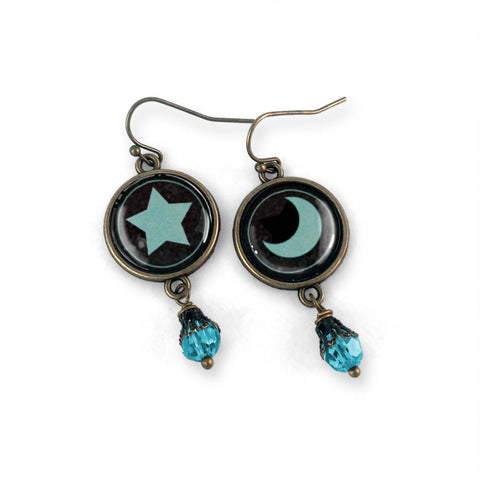 Dark Teal Moon Mismatched Vintage Inspired Drop / Dangle Earrings