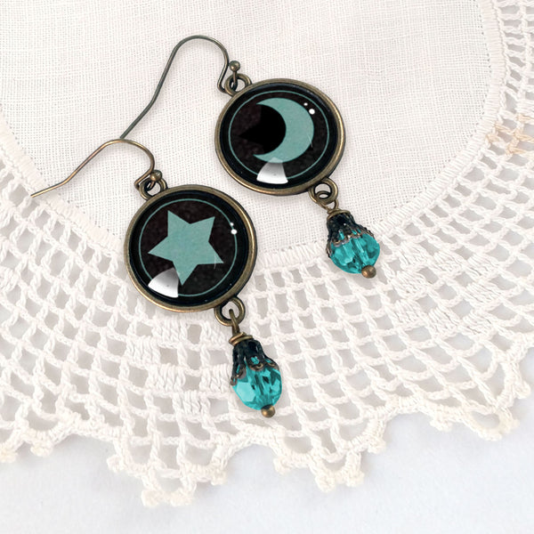 Dark Teal Moon Mismatched Vintage Inspired Drop / Dangle Earrings