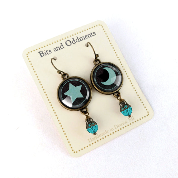 Dark Teal Moon Mismatched Vintage Inspired Drop / Dangle Earrings