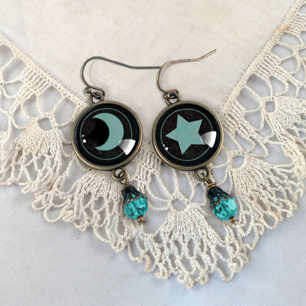 Dark Teal Moon Mismatched Vintage Inspired Drop / Dangle Earrings