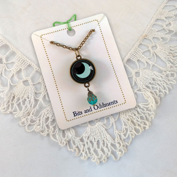 Reversible Dark Teal Moon And Star Reversible Pendant Necklace with Bead Accent