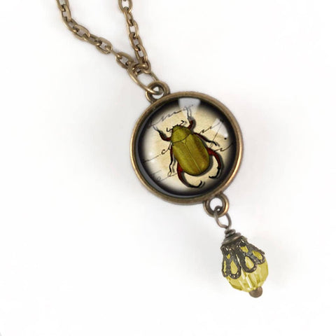 Green Beetle Reversible Pendant Necklace with Bead Accent