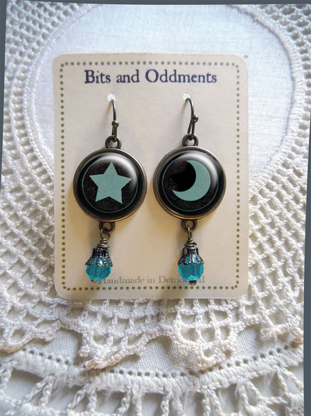 Dark Teal Moon Mismatched Vintage Inspired Drop / Dangle Earrings