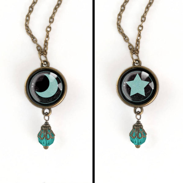 Reversible Dark Teal Moon And Star Reversible Pendant Necklace with Bead Accent