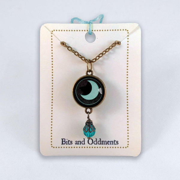 Reversible Dark Teal Moon And Star Reversible Pendant Necklace with Bead Accent