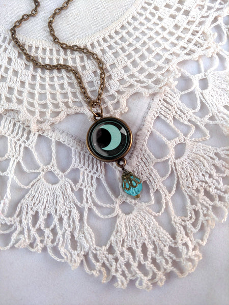 Reversible Dark Teal Moon And Star Reversible Pendant Necklace with Bead Accent