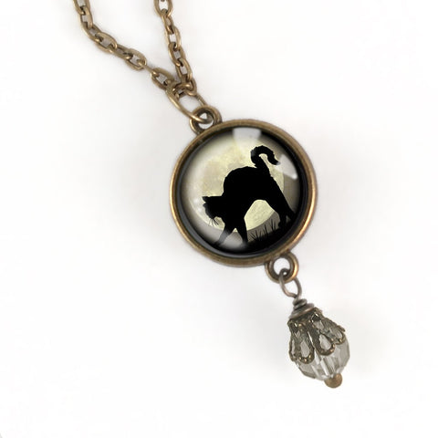 Black Cat on Full Moon Reversible Pendant Necklace with Bead Accent