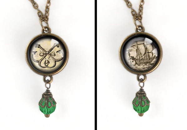 Ship and Anchors Nautical Reversible Pendant Necklace with Bead Accent