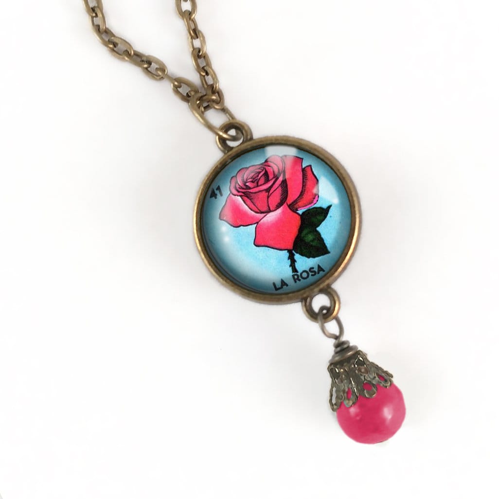 La Rosa Rose Loteria Themed Reversible Pendant Necklace with Bead Accent