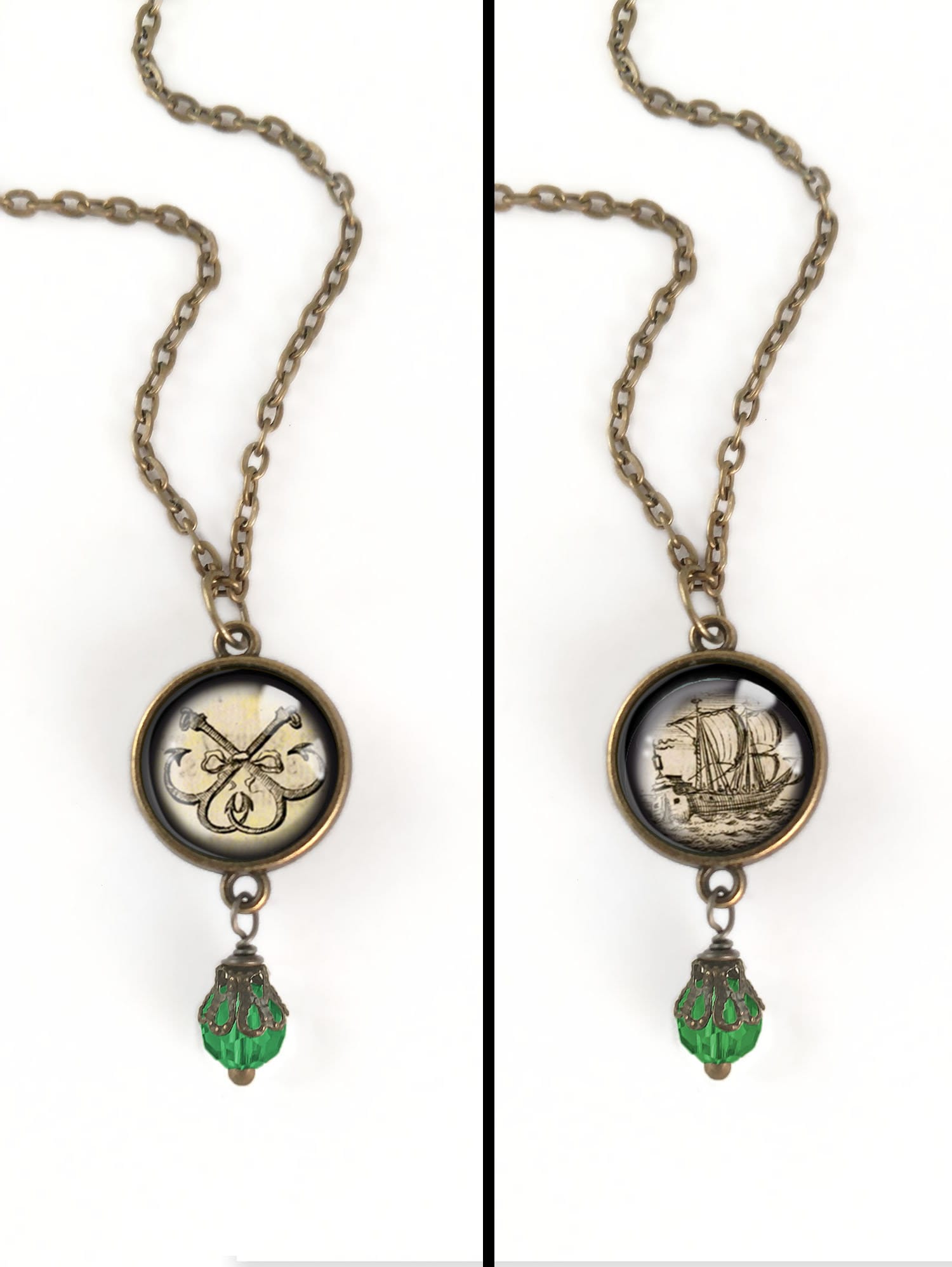 Ship and Anchors Nautical Reversible Pendant Necklace with Bead Accent