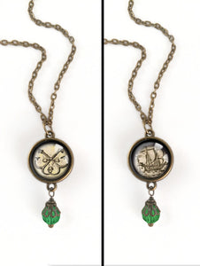 Ship and Anchors Nautical Reversible Pendant Necklace with Bead Accent