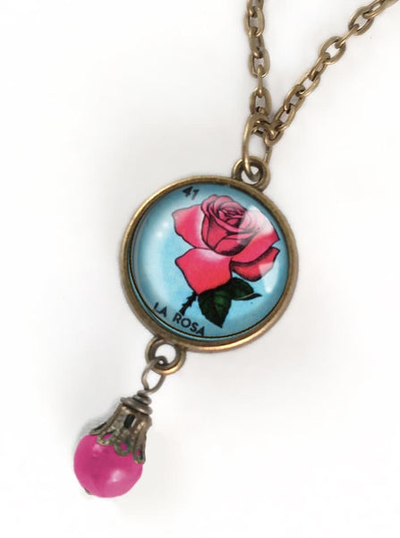 La Rosa Rose Loteria Themed Reversible Pendant Necklace with Bead Accent