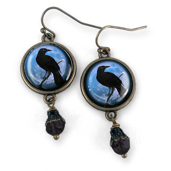 Midnight Crows Earrings- reverse decoupage glass cabochons in nickel- free brass findings