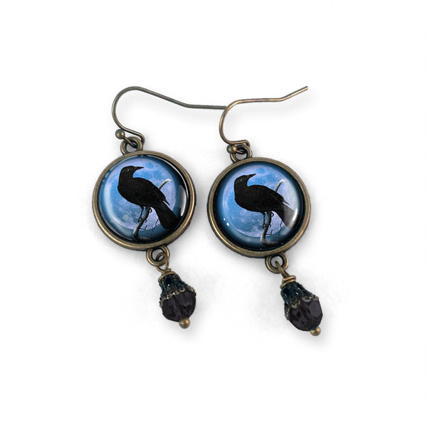 Midnight Crows Earrings- reverse decoupage glass cabochons in nickel- free brass findings