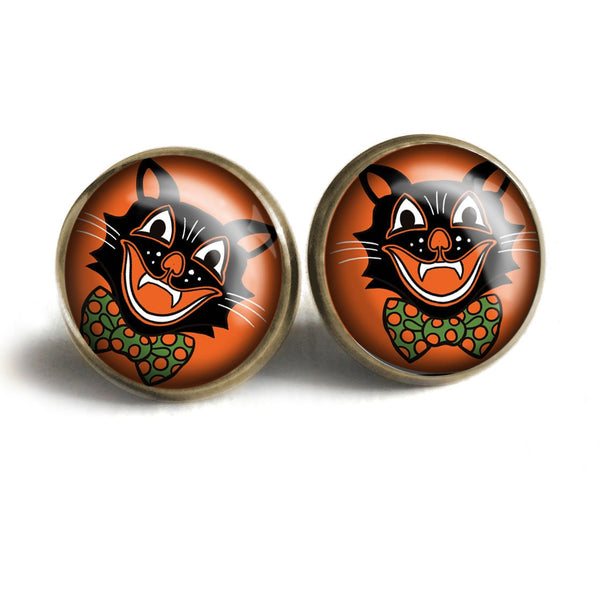 Retro Halloween Black Cat Vintage Inspired Stud Earrings