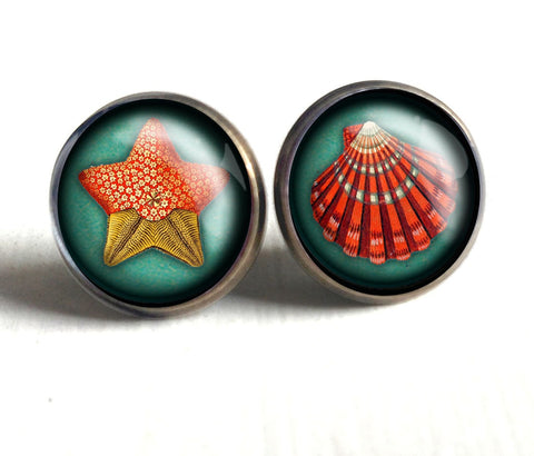 Starfish and Shell Ocean Vintage Inspired Stud Earrings