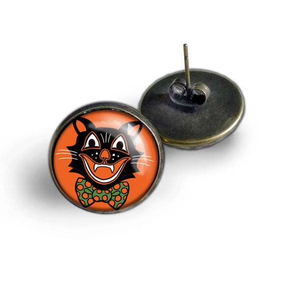 Retro Halloween Black Cat Vintage Inspired Stud Earrings