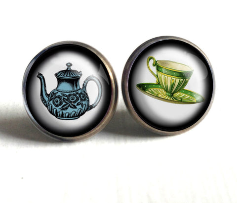 Mismatched Blue and Yellow Teapot and Teacup Vintage Inspired Stud Earrings