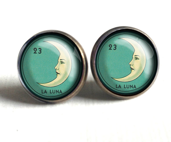 La Luna Crescent Moon Loteria Themed Vintage Inspired Stud Earrings