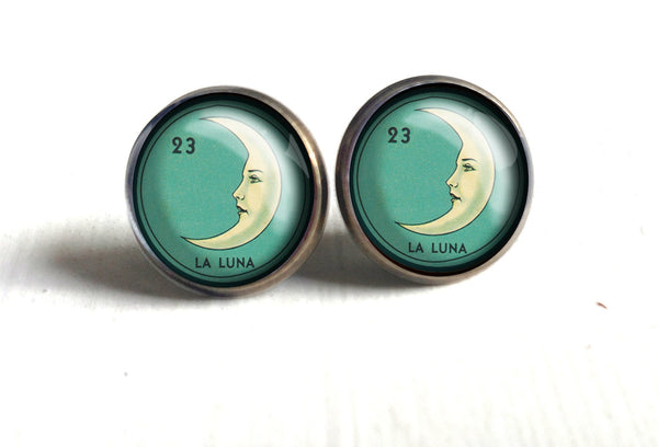 La Luna Crescent Moon Loteria Themed Vintage Inspired Stud Earrings