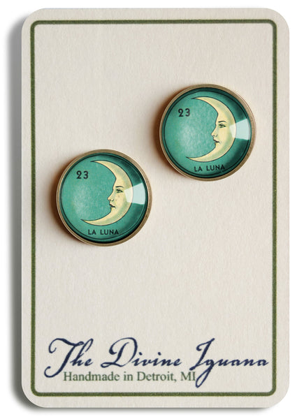 La Luna Crescent Moon Loteria Themed Vintage Inspired Stud Earrings