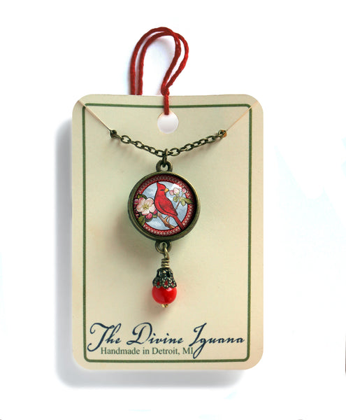 Spring Cardinal Reversible Pendant Necklace with Bead Accent