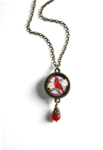 Spring Cardinal Reversible Pendant Necklace with Bead Accent