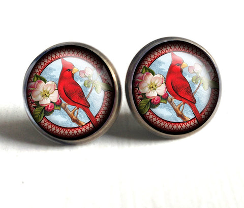 Cardinal Bird Victorian Vintage Inspired Stud Earrings