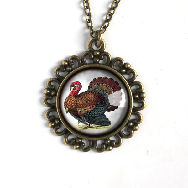 Victorian Turkey Thanksgiving Large Pendant Necklace in Ornate Frame