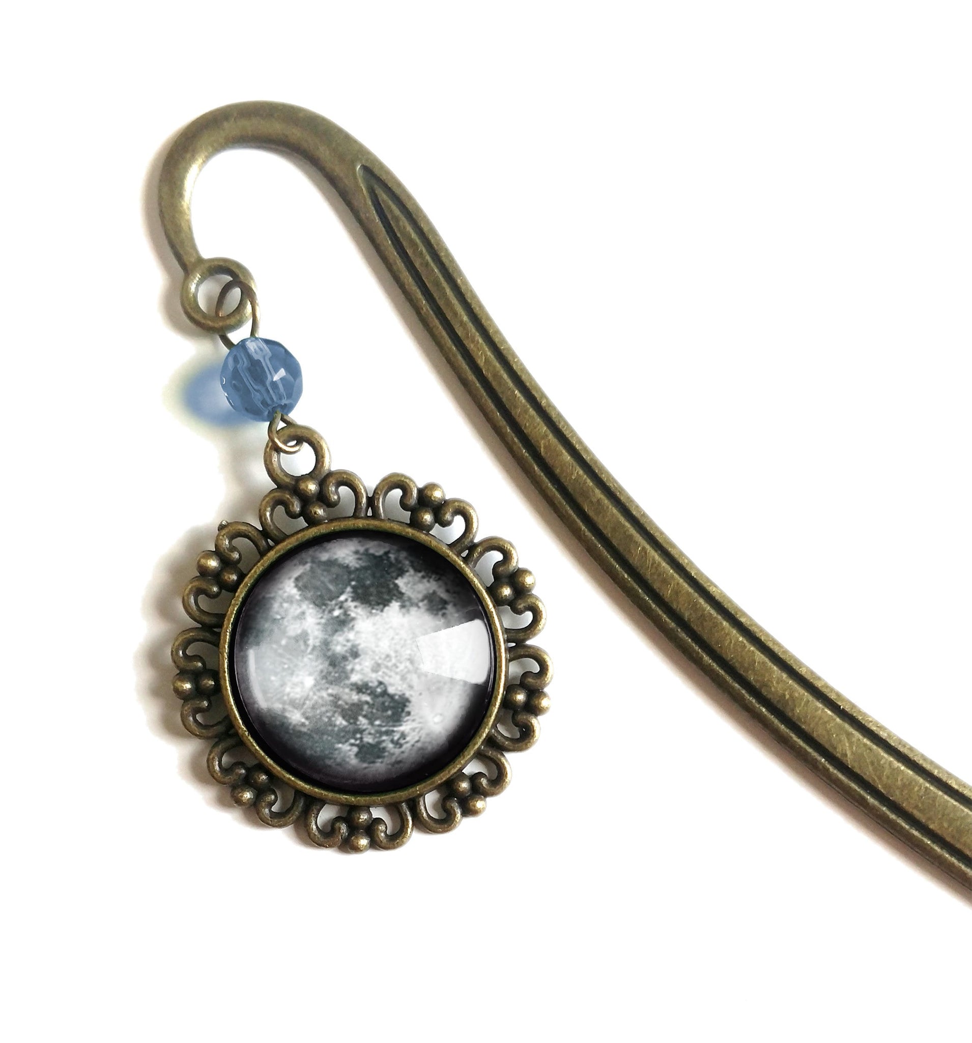 CLEARANCE - Full Moon Glass Cabochon Brass Book Hook / Bookmark