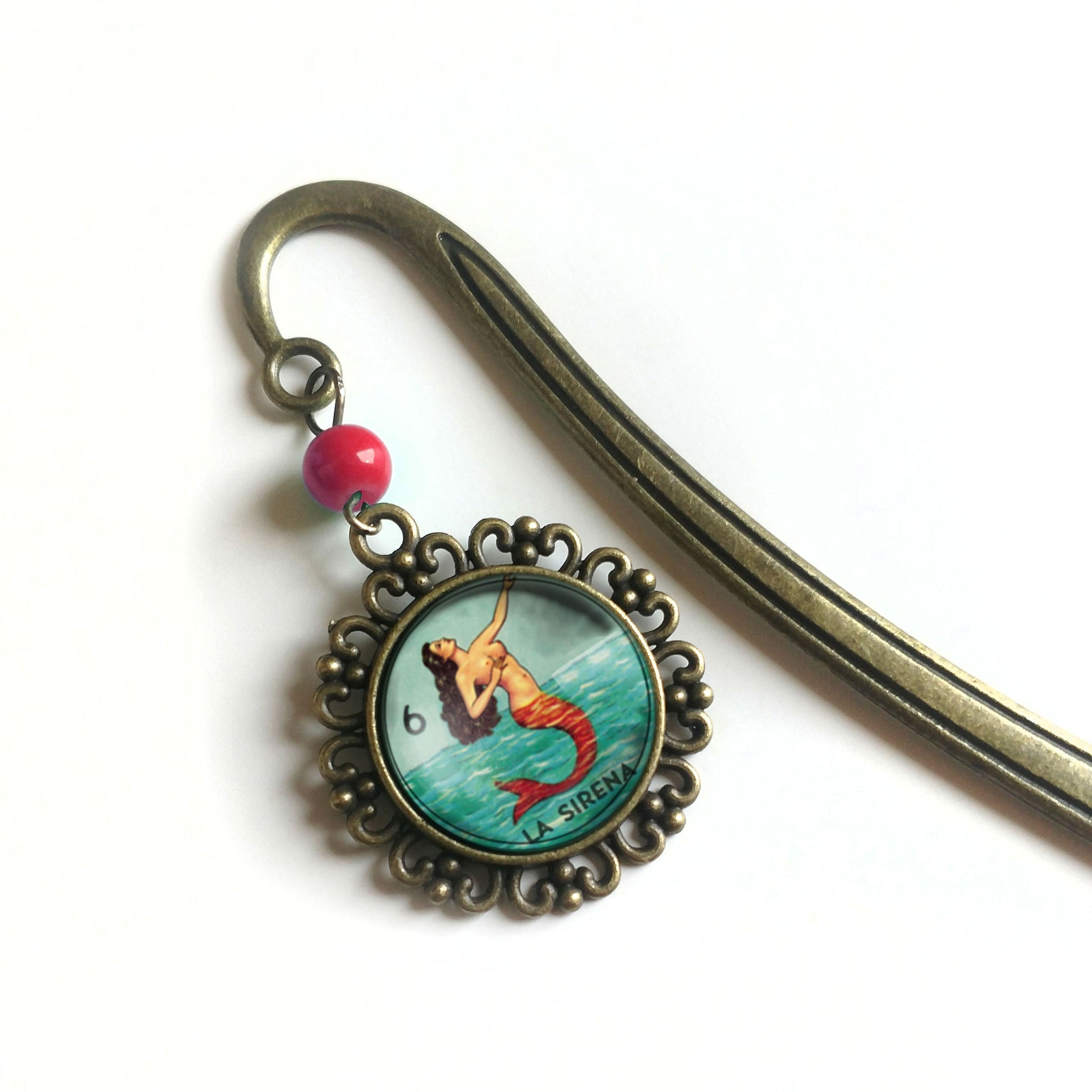 La Sirena Mermaid Loteria Themed Glass Cabochon Brass Book Hook / Bookmark