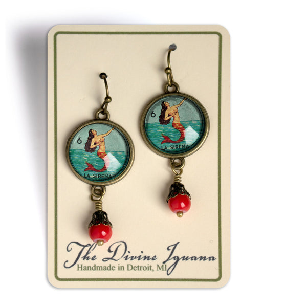 La Sirena Loteria Mermaid Vintage Inspired Drop / Dangle Earrings