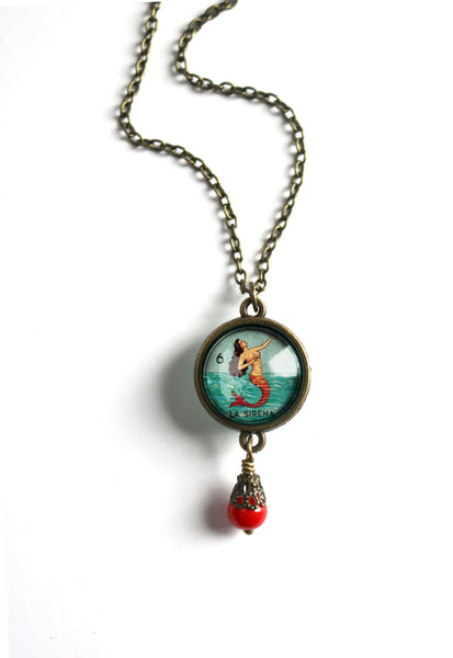 La Sirena Mermaid Loteria Themed Reversible Pendant Necklace with Bead Accent