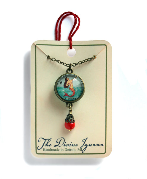 La Sirena Mermaid Loteria Themed Reversible Pendant Necklace with Bead Accent